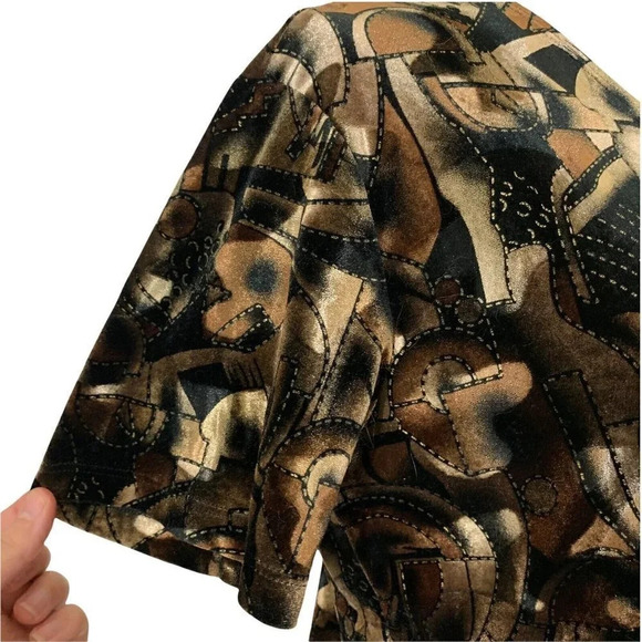 Modern Essentials 90s Vintage Brown and Gold Velvet Short Sleeve Mod Geometric - Picture 3 of 7